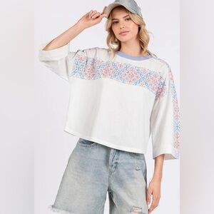 Sage + Fig Exposed Stitching Quilt Patch Wide Sleeve Top